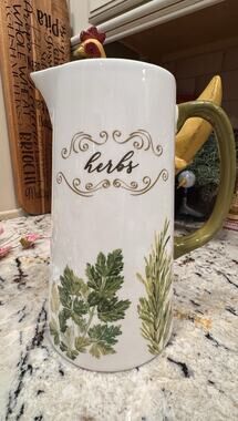 Decorative Ceramic Pitcher Green White Herb 9.5 in Tall 5.5 in Base 4.75 in Top